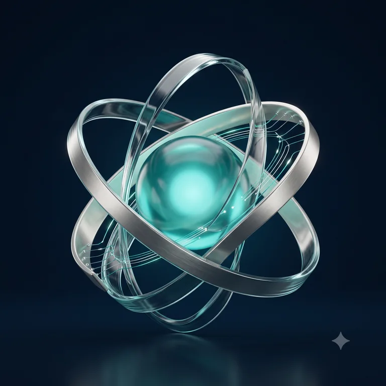 Glass orbits connected around a luminous teal core, illustrating coordinated digital marketing.