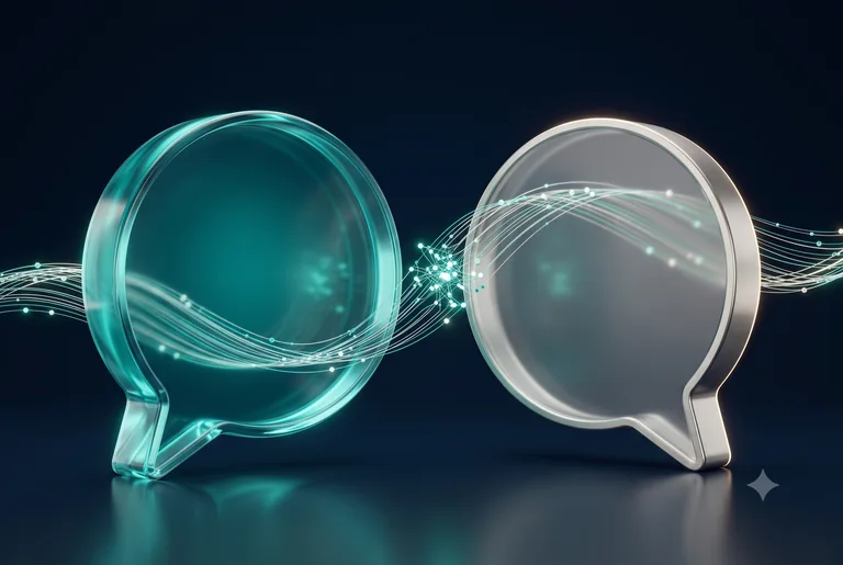 Two sculptural glass conversation bubbles connected by flowing teal signals.