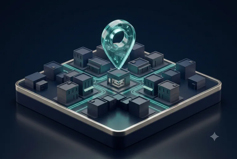 A glass location marker above a local storefront, connected to nearby streets by teal light.